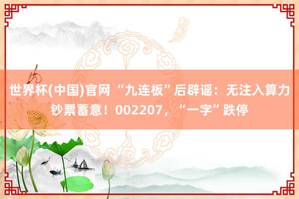 世界杯(中国)官网 “九连板”后辟谣：无注入算力钞票蓄意！002207，“一字”跌停